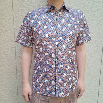 半袖和柄シャツ（桜模様に島足柄（シマエナガ）