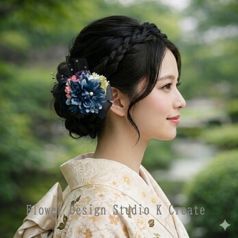 青いダリアと桜のリボンヘアクリップ　卒業式　入学式　結婚式　お出掛け　発表会　ブルー　ネイビー　チュール　リボン　髪飾り