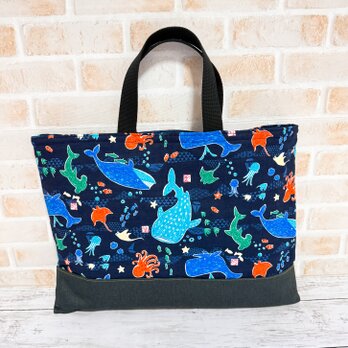 レッスンバッグ(裏キルト)　【和柄・水族館★紺】