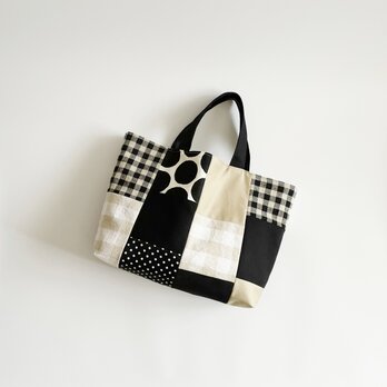 一点物｜モノトーンドットチェック パッチワークトートバッグ｜A4対応・マチ付き
