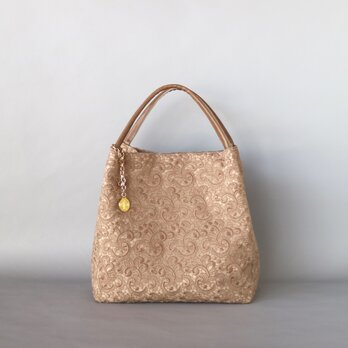 オールオーバーレース　持ち手レザー　トートバッグ　ベージュ