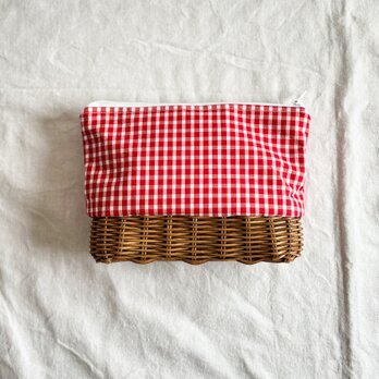 ラタンのポーチ【ギンガムチェック赤】/自然素材/手編みのカゴ/人とかぶらないポーチ