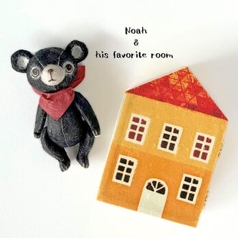 身長５cmのミニチュアテディベア／ブラック(和紙で作った小さなくまのお人形)＆貝殻標本のドールハウスセット