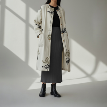 ノーカラー　コート【送料込み】古布リメイク　1枚仕立て　ホワイト