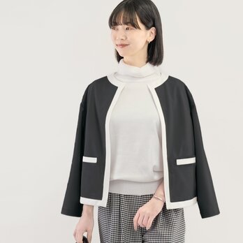 これだけで整う｜大人の上質ポンチ バイカラー カーディガンジャケット｜黒｜洗える｜CORALIE-2JK-BK