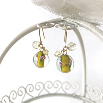 とんぼ玉 の シャボン玉 ピアス　黄色 イエロー クリア 透明感 しゃぼん玉