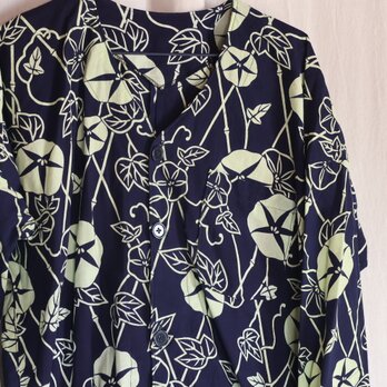 朝顔柄浴衣リメイク　　ダボシャツ　鯉口シャツ