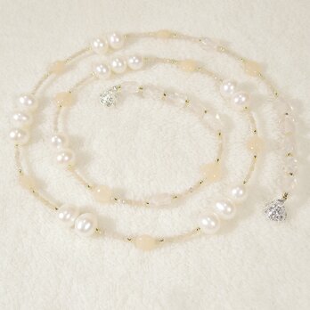 10mm本真珠（淡水パール）とムーンストーン、ローズクォーツのロングネックレス（74.5cm、天然石、ホワイト、ピンク）