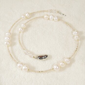 10mm本真珠（淡水パール）とムーンストーン、SV925のネックレス（51cm、天然石、6月の誕生石、ホワイト、ピンク）