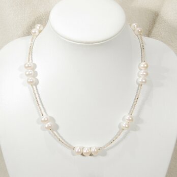 10mm本真珠（淡水パール）とムーンストーン、SV925のネックレス（51cm、天然石、6月の誕生石、ホワイト、ピンク）