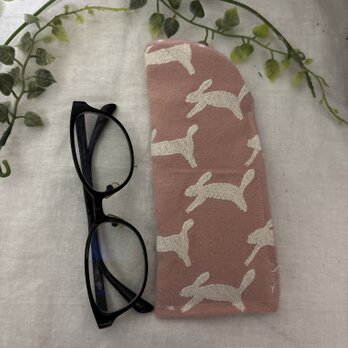 ハンドメイド♡メガネケース♡リネンピンクうさぎ刺繍柄♡♡普通タイプピンクドット4重ガーゼ