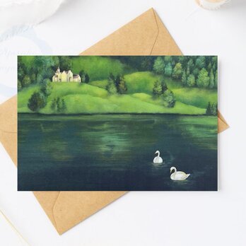 （94）緑の湖と２羽の白鳥　ポストカード　3枚セット