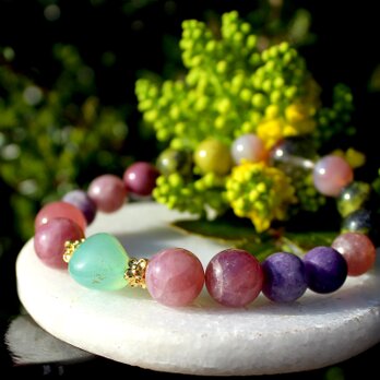 アルツハイマー、脳に良いブレスレット　ブルーカルセドニー、レピドライト、ローズクォーツ