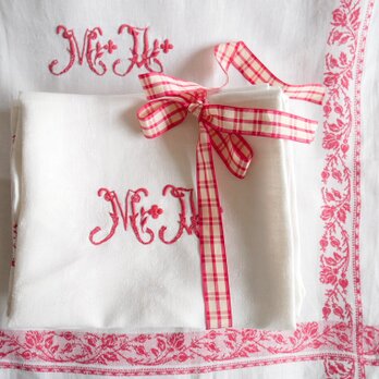 フランス製 モノグラム刺繍飾り ヴィンテージリネンクロス 10枚セット