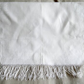 イタリア製 ヴィンテージリネン ダマスク織 フリンジ飾りのクロス