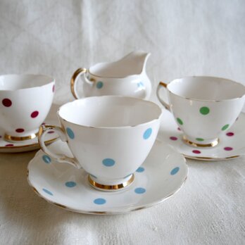 英国製【Royal Vale】ポルカドット カップ＆ソーサー3客 ＆ ミルクピッチャー
