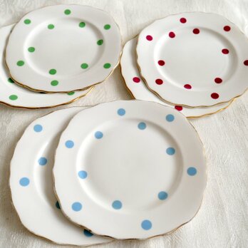 英国製【 Royal Vale 】グリーン・ブルー・モーブ ポルカドット 中皿 6枚セット