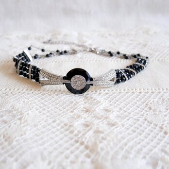 アールデコスタイル 黒とシルバー色 ラインストーン飾りチョーカーネックレス