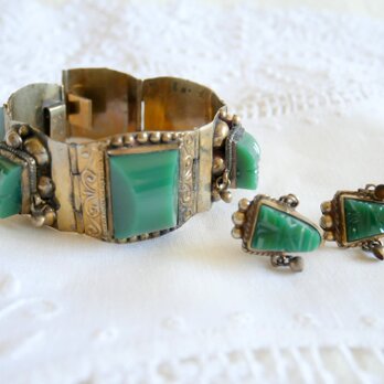 メキシコ・TAXCO シルバー製 グリーンのオーナメント飾り イヤリング＆ブレスレット