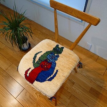 ペルシャ　ギャッベ　ミニマット　ラグ　横38x41cm　厚み 2.43cm　3匹の猫　T7587G