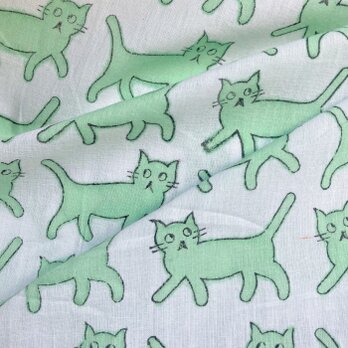 インド ブロックプリント生地 [50cm単位] キャット ライトグリーン 黒線 猫 ねこ ファブリック IF0482