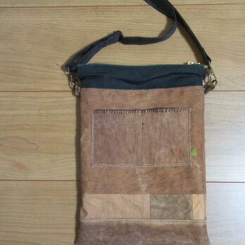 帯芯柿渋染めパッチワークショルダーバック　木綿