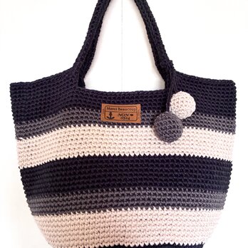 ニットボールが可愛い❣️コットン100%ボーダーシンプルBag