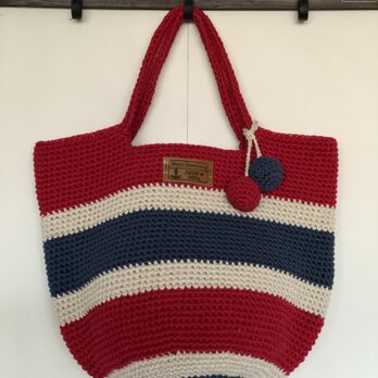 ニットボールが可愛い❣️コットン100%ボーダーシンプルBag④