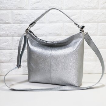 ★ハンドメイド★日本製★ソフト・本革★２ＷＡＹショルダーバッグ★シルバー色★ハンドル取り外し可★