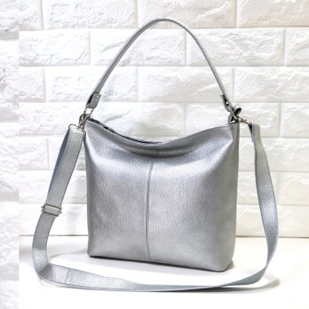 ★ハンドメイド★日本製★ソフト・本革★２ＷＡＹショルダーバッグ（ロングハンドル・肩掛け）★シルバー色★ハンドル取り外し可★ー