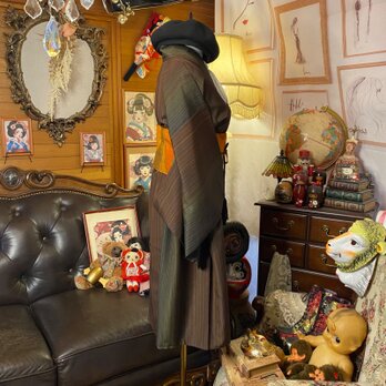 着物リメイク ミニミディ ワンピース／ドレス／洗える化繊 名古屋帯サッシュベルト 多彩の細ストライプ KW-1307