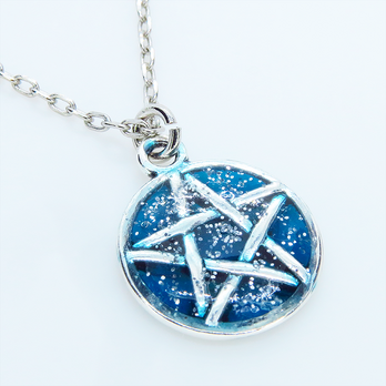 アンティークシルバー ブルーペンタグラムネックレス レジン 長さ調整可 アジャスター可