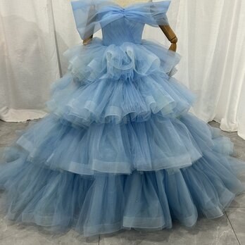 美品！カラードレス ブルー 取り外しオフショルダー シークインチュール ラッフルフリル ボリュームドレス 花嫁