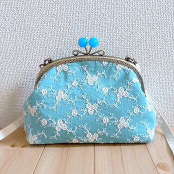 薔薇柄刺繍　がま口ショルダーバッグ　ポシェット　21cm口金　アクアターコイズ　666