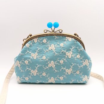 薔薇柄刺繍　がま口ショルダーバッグ　ポシェット　21cm口金　アクアターコイズ　666