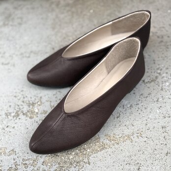 限定カラーダークブラウン上質ゴードレザー使用・EMA人気のフラットパンプス・フラットシューズ　