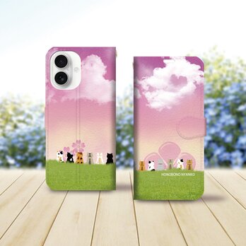iPhone専用 手帳型スマホケース （カメラ穴あり/はめ込み式/スタンド機能付き）【ほのぼのにゃんこ・せいぞろい（恋空花）】