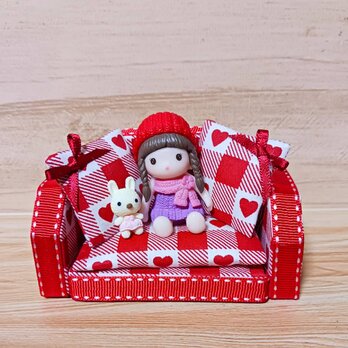 ミニチュア ソファ・テーブル・人形・うさぎ 赤ハート柄　９点セット
