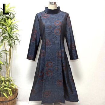 着物リメイク　大島紬花柄ロングワンピース　Aライン　フィットアンドフレア　細見せ　体型カバー　プリンセスライン　2WAY シルク