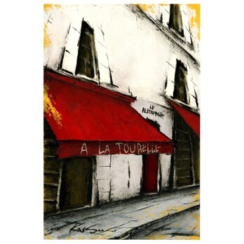 風景画 パリ 油絵「赤いひさしのあるレストラン」