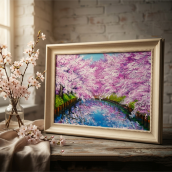 一点物 油絵 原画【春の目覚め ～水面に映る夢～】風景画 油彩画 青 アート 抽象画 モダンインテリア