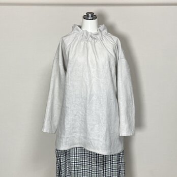 カラーリネン◆フラワーネックブラウス　長袖◆ナチュラル◆フリーサイズ（中厚、リネン100％）