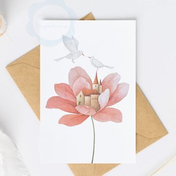 （98）白い鳥とピンクの花の教会　ポストカード　3枚セット