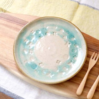 花舞うプレート皿 トルコブルーの刷毛模様 縁錆 ＊ １