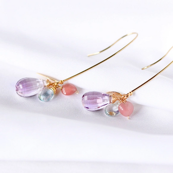 大粒アメトリンの雫ロングピアス アクアマリンとハートクォーツ / 14kgf