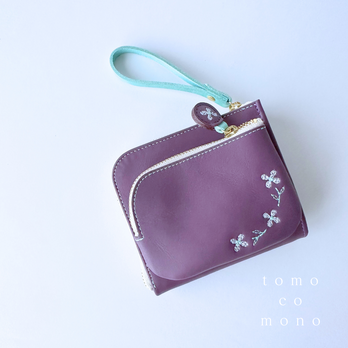 ECCOレザー × 刺繍革財布『hana＊hana』PLUM／PURPLE（牛革）二つ折り