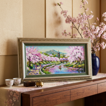 【桜舞う水辺の散歩道】｜油彩画 原画 青 抽象画 モダン インテリア  おしゃれ 一点物 プレゼント 絵画 壁掛け ギフト