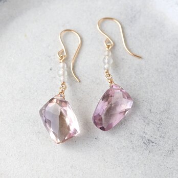 宝石質アメトリンのピアス（Mサイズ・グレームーンストーン付き）・イヤリング変更可・14kgf