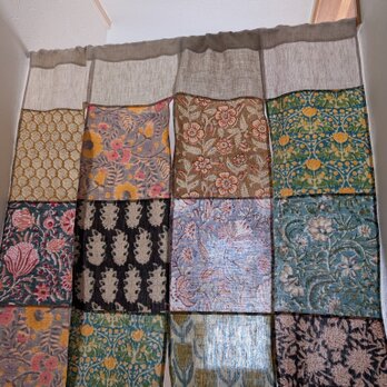 新作♥️綿麻♥️ハンドブロックプリント♥️大きめランダムパッチワーク4連のれん★83✕150★