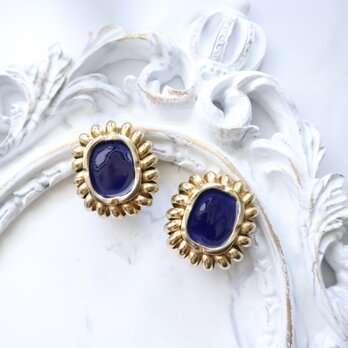 【フランス買付】ヴィンテージ ネイビーエナメル×ゴールドフレーム イヤリング 1980s【1万円以上で送料無料】